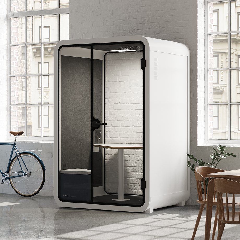 Toimistopuhelinosasto Quell - 2 henkilöäWhite / Dark Gray / Meeting Room + Table + Corner Stool