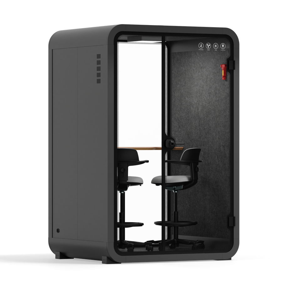 Toimistopuhelinosasto Quell - 2 henkilöäCharcoal / Dark Gray / Dual Zoom Room + Device Shelf + 2 Barstools