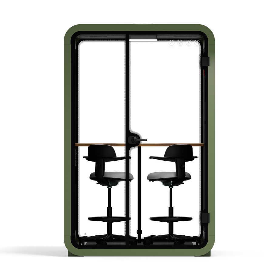 Toimistopuhelinosasto Quell - 2 henkilöäGreen / Dark Gray / Dual Zoom Room + Device Shelf + 2 Barstools