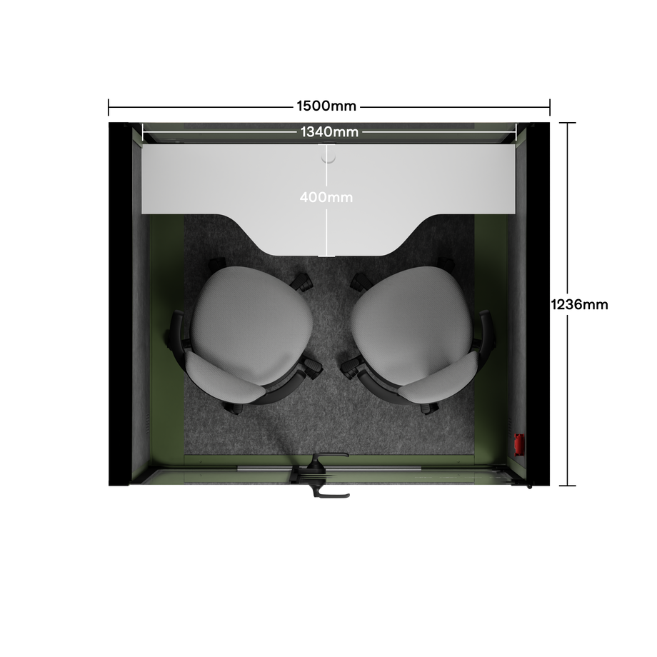 Toimistopuhelinosasto Quell - 2 henkilöäGreen / Dark Gray / Dual Zoom Room + Device Shelf + 2 Barstools