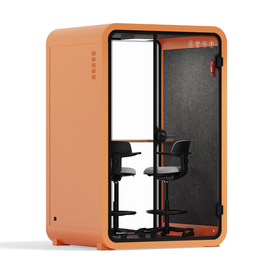 Toimistopuhelinosasto Quell - 2 henkilöäOrange / Dark Gray / Dual Zoom Room + Device Shelf + 2 Barstools