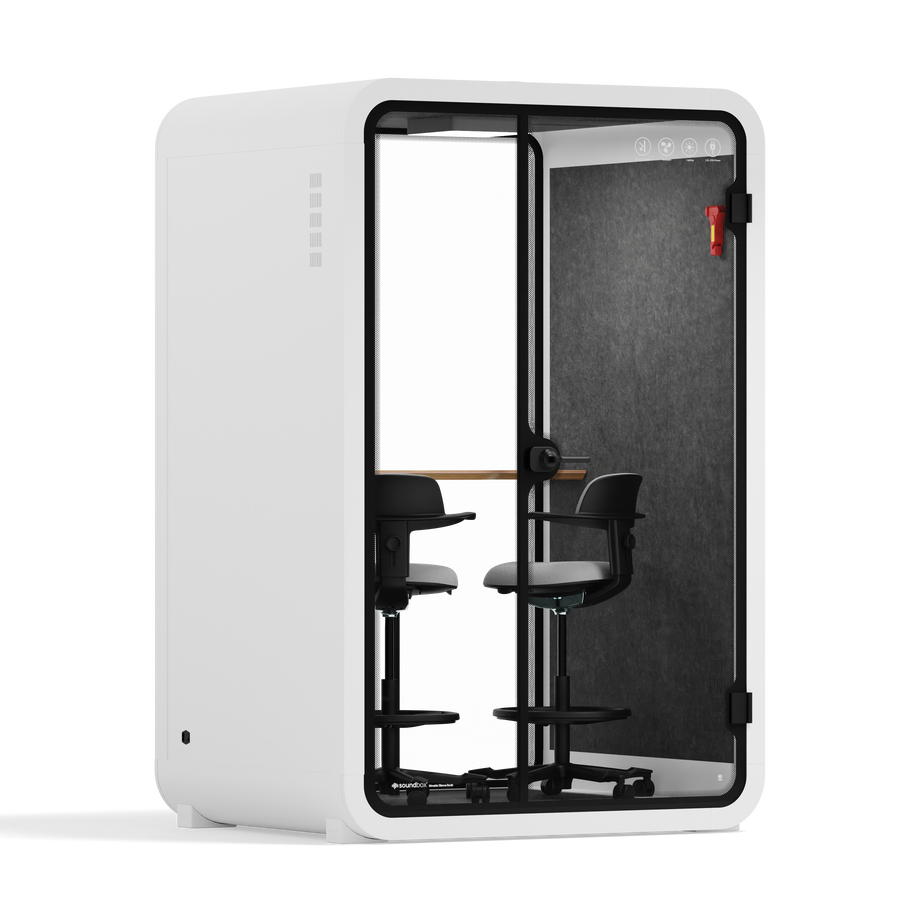 Toimistopuhelinosasto Quell - 2 henkilöäWhite / Dark Gray / Dual Zoom Room + Device Shelf + 2 Barstools