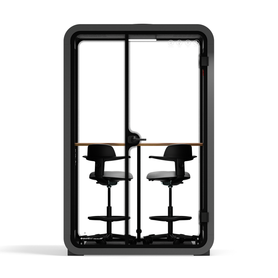 Toimistopuhelinosasto Quell - 2 henkilöäWooden / Dark Gray / Dual Zoom Room + Device Shelf + 2 Barstools