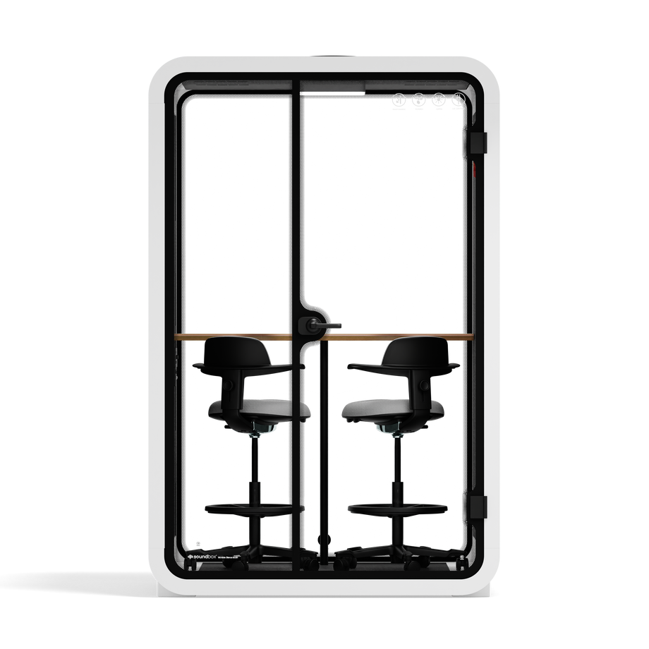 Toimistopuhelinosasto Quell - 2 henkilöäWhite / Dark Gray / Dual Zoom Room + Device Shelf + 2 Barstools
