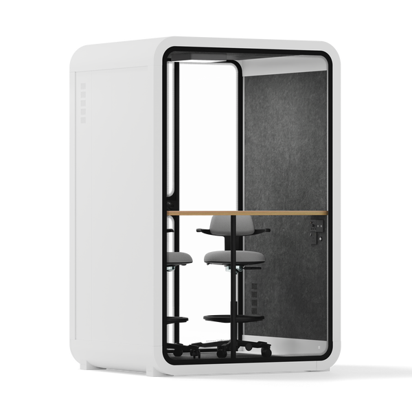 Office Phone Booth Quell - 2 PersonWhite / Dark Gray / Dual Zoom Room + Device Shelf + 2 Barstools