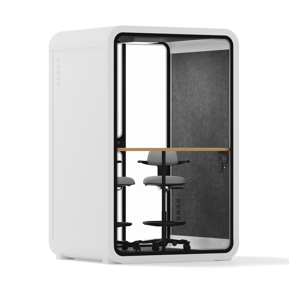 Toimistopuhelinosasto Quell - 2 henkilöäWhite / Dark Gray / Dual Zoom Room + Device Shelf + 2 Barstools