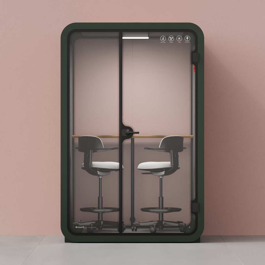 Toimistopuhelinosasto Quell - 2 henkilöäGreen / Dark Gray / Dual Zoom Room + Device Shelf + 2 Barstools