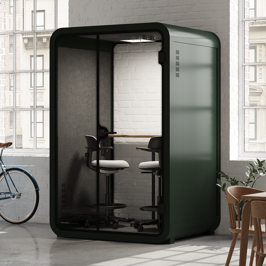 Toimistopuhelinosasto Quell - 2 henkilöäGreen / Dark Gray / Dual Zoom Room + Device Shelf + 2 Barstools