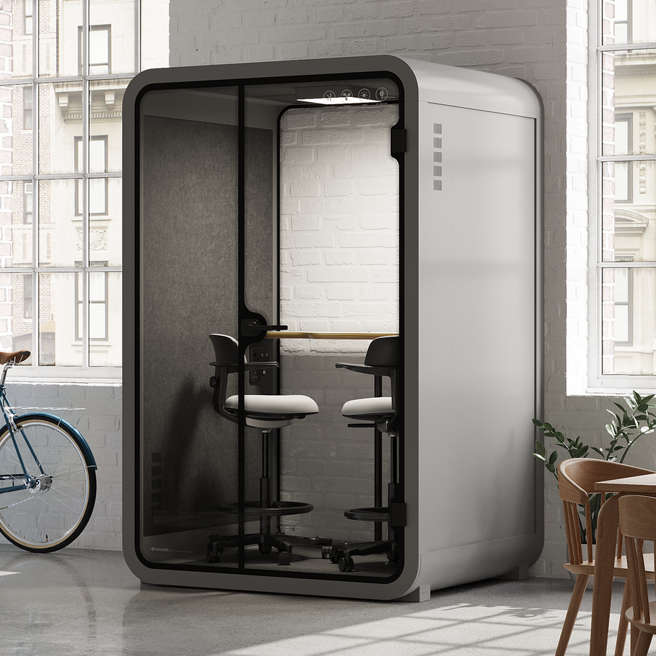 Toimistopuhelinosasto Quell - 2 henkilöäLight Grey / Dark Gray / Dual Zoom Room + Device Shelf + 2 Barstools