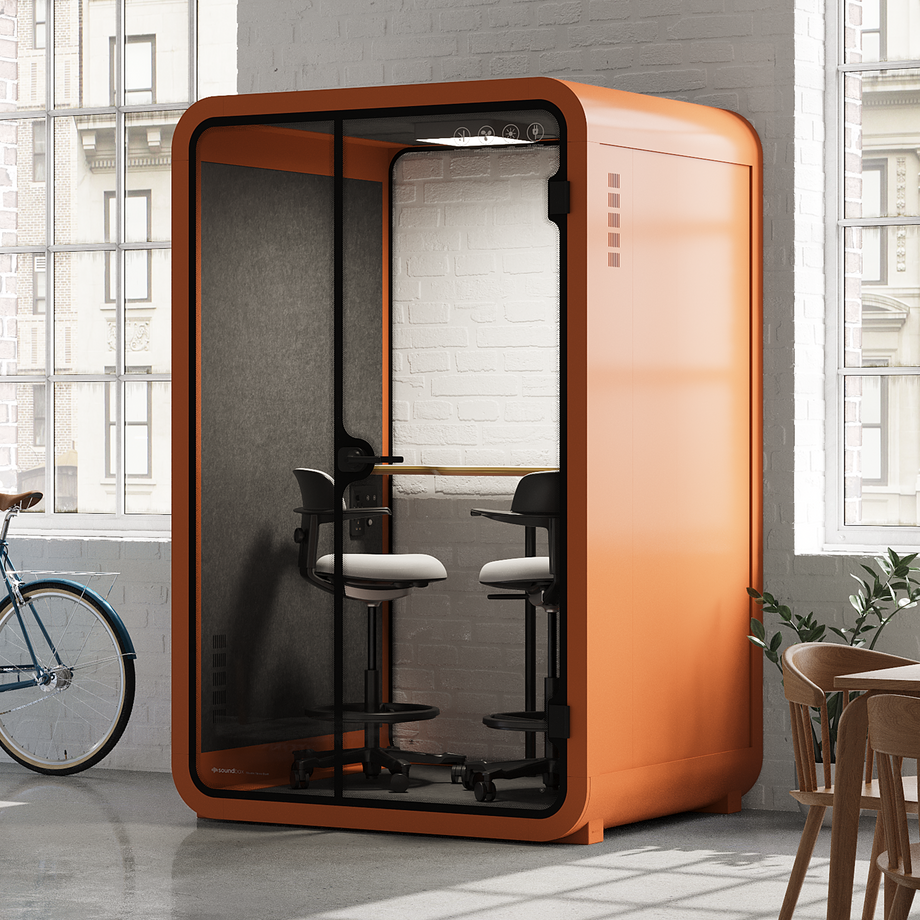 Toimistopuhelinosasto Quell - 2 henkilöäOrange / Dark Gray / Dual Zoom Room + Device Shelf + 2 Barstools