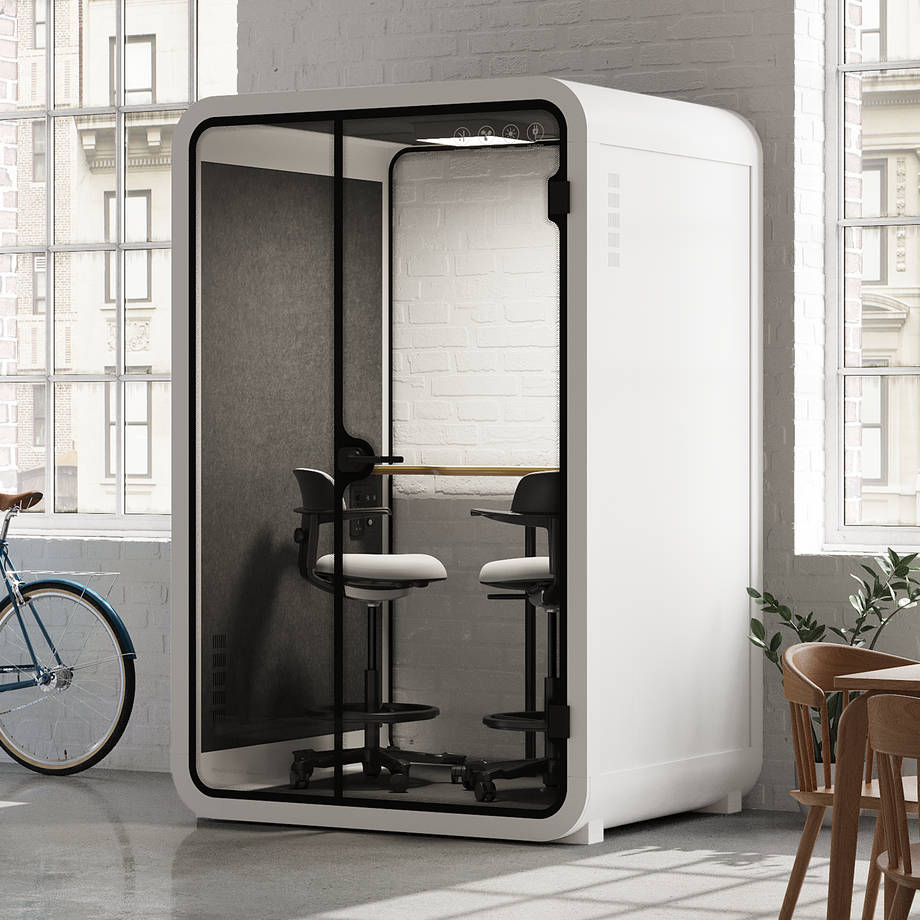 Toimistopuhelinosasto Quell - 2 henkilöäWhite / Dark Gray / Dual Zoom Room + Device Shelf + 2 Barstools