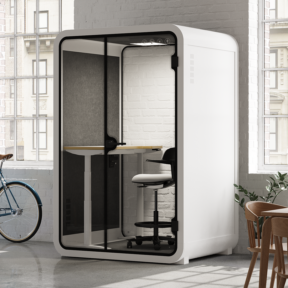 Toimistopuhelinosasto Quell - 2 henkilöäWhite / Dark Gray / Electric Adjustable Work Station + Stool