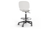 Aarhus Swivel Counter Stool by Quell Design in white positioned around a modern kitchen island with wooden countertops and pendant lighting. Featuring a smooth moulded polypropylene seat, adjustable gas-lift height, 360-degree swivel, integrated footrest ring, and sturdy five-star base, this Scandinavian-inspired stool blends ergonomic comfort with minimalist contemporary style for residential and commercial interiors.