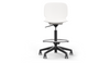 Aarhus Swivel Counter Stool by Quell Design in white positioned around a modern kitchen island with wooden countertops and pendant lighting. Featuring a smooth moulded polypropylene seat, adjustable gas-lift height, 360-degree swivel, integrated footrest ring, and sturdy five-star base, this Scandinavian-inspired stool blends ergonomic comfort with minimalist contemporary style for residential and commercial interiors.