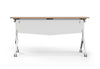 Tribute Adjustable Office Training Desk in castin oak and warm white shown in an e-commerce studio setting, featuring a mobile partitioned training table with a 25mm melamine tabletop, E0 particle board construction, PVC edge banding, aluminium alloy beam, die-cast support arms, steel and aluminium legs, and PU caster wheels. Modern adjustable training desk designed for flexible office, classroom and corporate environments.