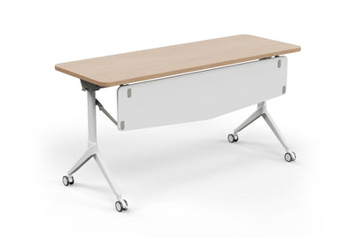 Tribute Adjustable Office Training Desk in castin oak and warm white shown in an e-commerce studio setting, featuring a mobile partitioned training table with a 25mm melamine tabletop, E0 particle board construction, PVC edge banding, aluminium alloy beam, die-cast support arms, steel and aluminium legs, and PU caster wheels. Modern adjustable training desk designed for flexible office, classroom and corporate environments.
