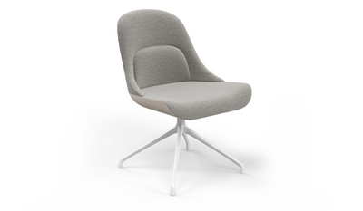 Bloom Chair by Quell Design – a modern Scandinavian-style chair in light grey with a smooth contoured seat upholstered in linen-velvet and eco PU panels. Supported by a sleek black Eiffel-style steel base, this elegant and comfortable chair brings a touch of colour and minimalist sophistication to contemporary interiors, perfect for hospitality, dining, or office settings.