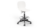 Aarhus Swivel Counter Stool by Quell Design in white positioned around a modern kitchen island with wooden countertops and pendant lighting. Featuring a smooth moulded polypropylene seat, adjustable gas-lift height, 360-degree swivel, integrated footrest ring, and sturdy five-star base, this Scandinavian-inspired stool blends ergonomic comfort with minimalist contemporary style for residential and commercial interiors.