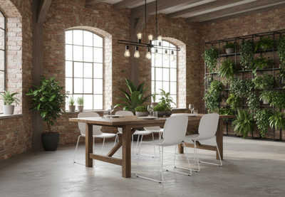 White Aarhus Bistro Glide Stackable Chairs by Quell Design arranged around a natural wooden dining table in a spacious room with high ceilings and exposed brick walls. These modern Scandinavian-style chairs feature smooth moulded polypropylene seats and slender black powder-coated steel sled legs, offering ergonomic comfort, stackable practicality, and minimalist elegance for contemporary dining or collaborative spaces.
