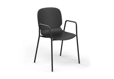 Aarhus Bistro Arm Chair by Quell Design – a modern Scandinavian-style chair in black with an ergonomic moulded polypropylene seat and integrated curved armrests. Supported by slim black powder-coated steel legs, this elegant and durable chair is ideal for collaborative offices, cafés, and contemporary dining spaces, blending comfort, functionality, and minimalist design.
