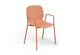 Aarhus Bistro Arm Chair by Quell Design – a modern Scandinavian-style chair in coral with an ergonomic moulded polypropylene seat and integrated curved armrests. Supported by slim black powder-coated steel legs, this elegant and durable chair is ideal for collaborative offices, cafés, and contemporary dining spaces, blending comfort, functionality, and minimalist design.