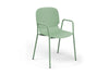 Aarhus Bistro Arm Chair by Quell Design – a modern Scandinavian-style chair in morandi green with an ergonomic moulded polypropylene seat and integrated curved armrests. Supported by slim black powder-coated steel legs, this elegant and durable chair is ideal for collaborative offices, cafés, and contemporary dining spaces, blending comfort, functionality, and minimalist design.