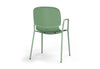 Aarhus Bistro Arm Chair by Quell Design – a modern Scandinavian-style chair in morandi green with an ergonomic moulded polypropylene seat and integrated curved armrests. Supported by slim black powder-coated steel legs, this elegant and durable chair is ideal for collaborative offices, cafés, and contemporary dining spaces, blending comfort, functionality, and minimalist design.