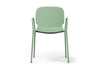 Aarhus Bistro Arm Chair by Quell Design – a modern Scandinavian-style chair in morandi green with an ergonomic moulded polypropylene seat and integrated curved armrests. Supported by slim black powder-coated steel legs, this elegant and durable chair is ideal for collaborative offices, cafés, and contemporary dining spaces, blending comfort, functionality, and minimalist design.