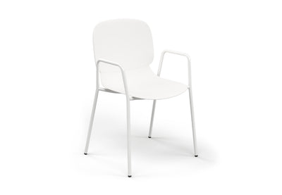 Aarhus Bistro Arm Chair by Quell Design – a modern Scandinavian-style chair in white with an ergonomic moulded polypropylene seat and integrated curved armrests. Supported by slim black powder-coated steel legs, this elegant and durable chair is ideal for collaborative offices, cafés, and contemporary dining spaces, blending comfort, functionality, and minimalist design.