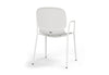 Aarhus Bistro Arm Chair by Quell Design – a modern Scandinavian-style chair in white with an ergonomic moulded polypropylene seat and integrated curved armrests. Supported by slim black powder-coated steel legs, this elegant and durable chair is ideal for collaborative offices, cafés, and contemporary dining spaces, blending comfort, functionality, and minimalist design.
