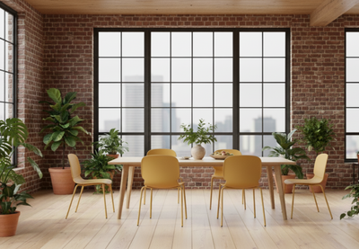 Ginger Orange Aarhus Bistro Chairs by Quell Design arranged around a wooden dining table in a modern industrial interior with exposed red brick walls, high ceilings, and large factory-style windows. The warm orange seating contrasts beautifully with the natural light and textured architecture, creating an inviting collaborative workspace or café setting.