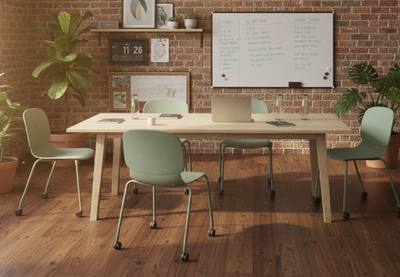 Aarhus Wheelie Chairs by Quell Design in soft morandi green arranged around a rectangular table in a modern office setting with exposed red brick walls and light wooden flooring. These Scandinavian-style ergonomic chairs feature smooth moulded polypropylene seats and black five-star swivel bases with castors, combining mobility, comfort, and minimalist design for collaborative learning environments.