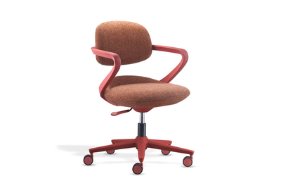 Kubo Contemporary Desk Chair in coral red shown on a white background, featuring a fabric-upholstered back and seat with moulded foam, a height-adjustable gas-lift mechanism and a durable nylon base with PU castors for smooth mobility in modern workspaces.