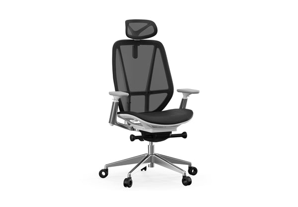 The Billy Office Chair is an ergonomic mesh office task chair featuring an adjustable headrest, adjustable armrests and a contoured supportive backrest for improved posture and comfort. It includes breathable high-tension mesh upholstery for enhanced airflow and a seamless chrome cast aluminium five-star base with smooth-rolling castors , shown on a white background.
