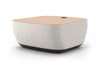 Byorne Connected Modular Coffee Table shown in dusty teal, dark grey and pebble grey finishes, featuring durable linen fabric upholstery, softly rounded edges and an injection moulded nylon leg for stability. Designed as part of a modular seating system, the table includes integrated USB ports and wireless charging to support modern work and lounge environments while maintaining a clean, contemporary aesthetic suitable for collaborative offices, reception areas and breakout spaces.