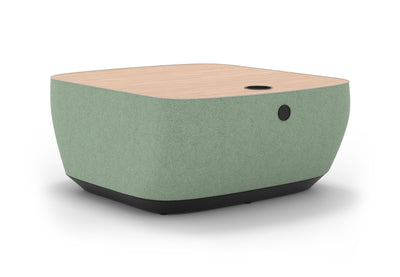 Byorne Connected Modular Coffee Table shown in dusty teal, dark grey and pebble grey finishes, featuring durable linen fabric upholstery, softly rounded edges and an injection moulded nylon leg for stability. Designed as part of a modular seating system, the table includes integrated USB ports and wireless charging to support modern work and lounge environments while maintaining a clean, contemporary aesthetic suitable for collaborative offices, reception areas and breakout spaces.