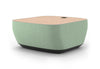 Byorne Connected Modular Coffee Table shown in dusty teal, dark grey and pebble grey finishes, featuring durable linen fabric upholstery, softly rounded edges and an injection moulded nylon leg for stability. Designed as part of a modular seating system, the table includes integrated USB ports and wireless charging to support modern work and lounge environments while maintaining a clean, contemporary aesthetic suitable for collaborative offices, reception areas and breakout spaces.
