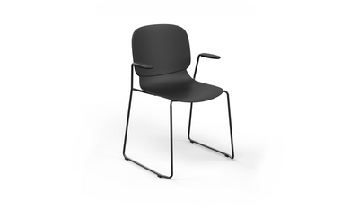 Aarhus Bistro Carver Stackable Chair by Quell Design – sculptural modern chair in black moulded polypropylene shell with integrated armrests and sleek electrostatic powder-coated steel frame. The ergonomic, contoured seat offers comfort while its stackable design makes it perfect for dynamic office, café or communal spaces.