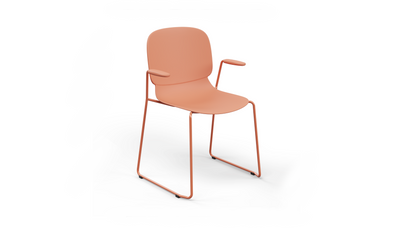 Aarhus Bistro Carver Stackable Chair by Quell Design – sculptural modern chair in coral moulded polypropylene shell with integrated armrests and sleek electrostatic powder-coated steel frame. The ergonomic, contoured seat offers comfort while its stackable design makes it perfect for dynamic office, café or communal spaces.