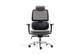 Anka Adaptive Desk Chair in grey with a midnight-blue frame shown on a white background, featuring a fixed fabric-upholstered headrest, breathable Korean mesh back, moulded-foam fabric seat and midnight-blue 3D adjustable nylon armrests. Designed for advanced ergonomic support in modern offices, the chair includes a multi-locking F020 synchro mechanism, Class-4 Samhongsa gas lift, a premium aluminium base and black PU castors for smooth, reliable mobility.