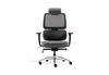 Anka Adaptive Desk Chair in grey with a midnight-blue frame shown on a white background, featuring a fixed fabric-upholstered headrest, breathable Korean mesh back, moulded-foam fabric seat and midnight-blue 3D adjustable nylon armrests. Designed for advanced ergonomic support in modern offices, the chair includes a multi-locking F020 synchro mechanism, Class-4 Samhongsa gas lift, a premium aluminium base and black PU castors for smooth, reliable mobility.