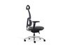 Anka Adaptive Desk Chair in grey with a midnight-blue frame shown on a white background, featuring a fixed fabric-upholstered headrest, breathable Korean mesh back, moulded-foam fabric seat and midnight-blue 3D adjustable nylon armrests. Designed for advanced ergonomic support in modern offices, the chair includes a multi-locking F020 synchro mechanism, Class-4 Samhongsa gas lift, a premium aluminium base and black PU castors for smooth, reliable mobility.