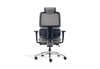 Anka Adaptive Desk Chair in grey with a midnight-blue frame shown on a white background, featuring a fixed fabric-upholstered headrest, breathable Korean mesh back, moulded-foam fabric seat and midnight-blue 3D adjustable nylon armrests. Designed for advanced ergonomic support in modern offices, the chair includes a multi-locking F020 synchro mechanism, Class-4 Samhongsa gas lift, a premium aluminium base and black PU castors for smooth, reliable mobility.
