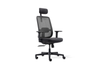 CB Fokus Ergonomic High-Back Office Chair in black on a white background, designed for premium workplace comfort with a breathable mesh backrest and built-in lumbar support. Features include a height-adjustable headrest, moulded foam fabric seat with seat-slide function, adjustable armrests with PU pads, a multi-locking synchro mechanism, smooth gas-lift height adjustment and a durable nylon base with PU castors for reliable mobility in modern ergonomic workspaces.