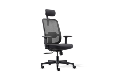 CB Fokus Ergonomic High-Back Office Chair in black on a white background, designed for premium workplace comfort with a breathable mesh backrest and built-in lumbar support. Features include a height-adjustable headrest, moulded foam fabric seat with seat-slide function, adjustable armrests with PU pads, a multi-locking synchro mechanism, smooth gas-lift height adjustment and a durable nylon base with PU castors for reliable mobility in modern ergonomic workspaces.