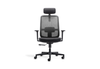 CB Fokus Ergonomic High-Back Office Chair in black on a white background, designed for premium workplace comfort with a breathable mesh backrest and built-in lumbar support. Features include a height-adjustable headrest, moulded foam fabric seat with seat-slide function, adjustable armrests with PU pads, a multi-locking synchro mechanism, smooth gas-lift height adjustment and a durable nylon base with PU castors for reliable mobility in modern ergonomic workspaces.