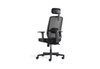 CB Fokus Ergonomic High-Back Office Chair in black on a white background, designed for premium workplace comfort with a breathable mesh backrest and built-in lumbar support. Features include a height-adjustable headrest, moulded foam fabric seat with seat-slide function, adjustable armrests with PU pads, a multi-locking synchro mechanism, smooth gas-lift height adjustment and a durable nylon base with PU castors for reliable mobility in modern ergonomic workspaces.