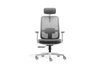 CB Fokus Ergonomic High-Back Office Chair in greywhite on a white background, designed for premium workplace comfort with a breathable mesh backrest and built-in lumbar support. Features include a height-adjustable headrest, moulded foam fabric seat with seat-slide function, adjustable armrests with PU pads, a multi-locking synchro mechanism, smooth gas-lift height adjustment and a durable nylon base with PU castors for reliable mobility in modern ergonomic workspaces.