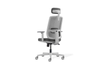 CB Fokus Ergonomic High-Back Office Chair in greywhite on a white background, designed for premium workplace comfort with a breathable mesh backrest and built-in lumbar support. Features include a height-adjustable headrest, moulded foam fabric seat with seat-slide function, adjustable armrests with PU pads, a multi-locking synchro mechanism, smooth gas-lift height adjustment and a durable nylon base with PU castors for reliable mobility in modern ergonomic workspaces.