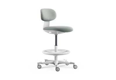 Toro Pivot Motion Barstool in grey/white shown on a white background, featuring a height-adjustable moulded-foam backrest upholstered in Gabriel Mozart fabric, a plastic seat shell with adjustable height and moulded-foam cushioning, and a Class-4 gas lift for smooth elevation. Designed for ergonomic comfort in modern workplaces, the barstool includes a sturdy nylon base, integrated foot ring and PU castors for stable, flexible mobility in contemporary bar-height and collaborative settings.